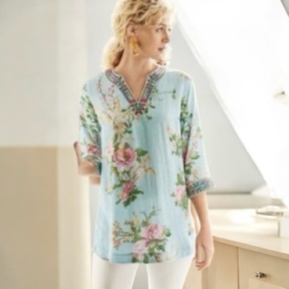 SOFT SURROUNDINGS Women’s Merielle Floral Embroidered Coastal Boho Tunic Size L